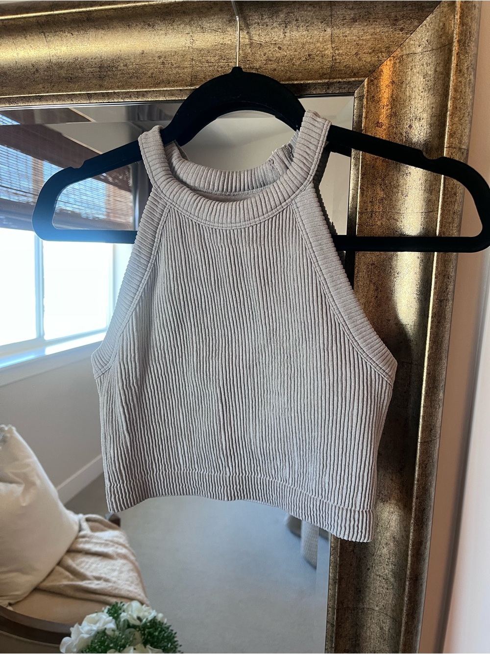 Aerie Ribbed Halter Workout Crop Top in Light Gray